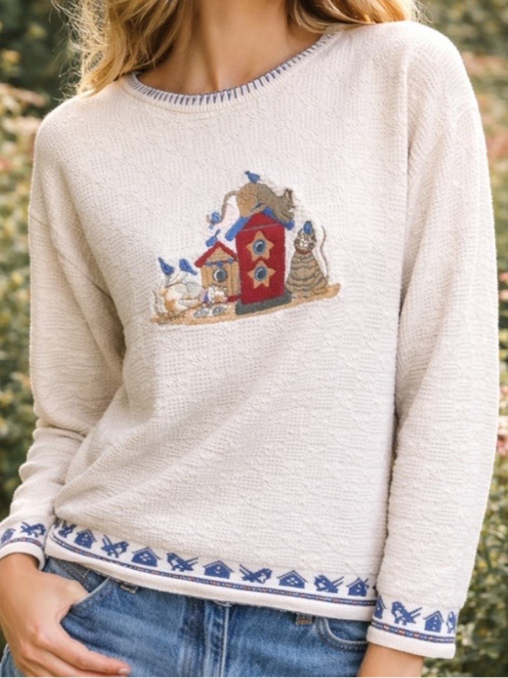 Vintage Le Moda Ivory Cotton Cat Embroidered Sweater Top Size Medium